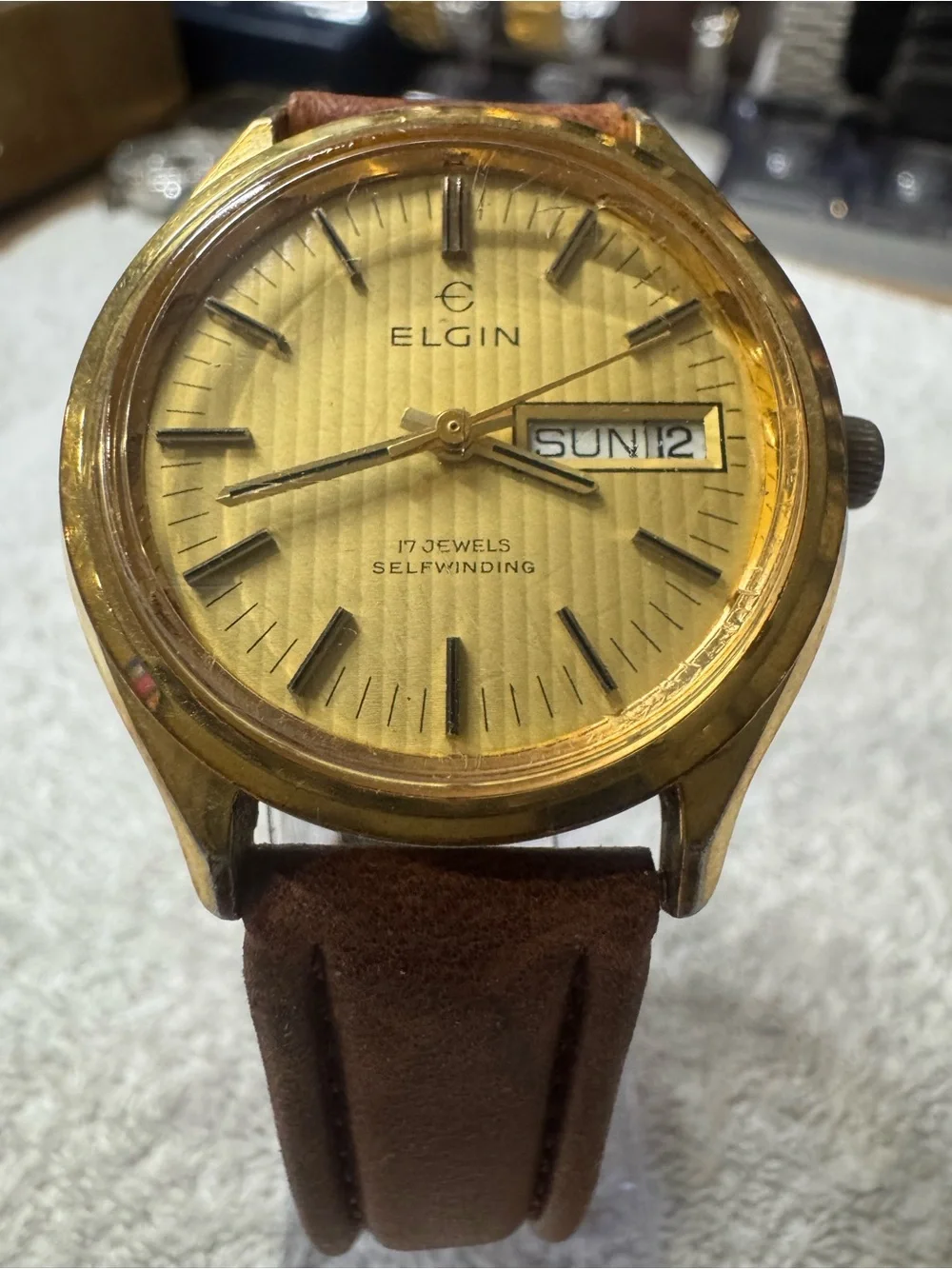 Elgin Gold-Tone Selfwinding Watch with Brown Leather Strap